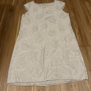 Lina Tomei Elegant Cream Leaf Tropical Linen Dress Size Medium